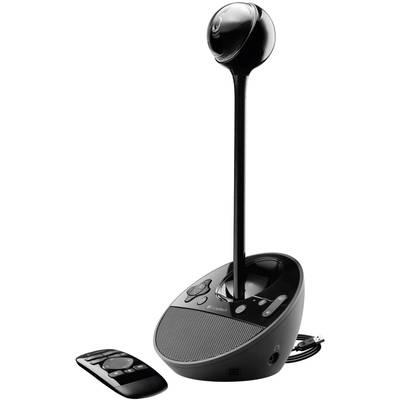 A video conference camera with an integrated speaker and detachable remote control set. It features a high-resolution lens.