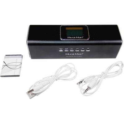 Black portable speaker 'MusicMan' with control buttons, charger, 2 cables and a battery. Suitable for mobile music enjoyment.