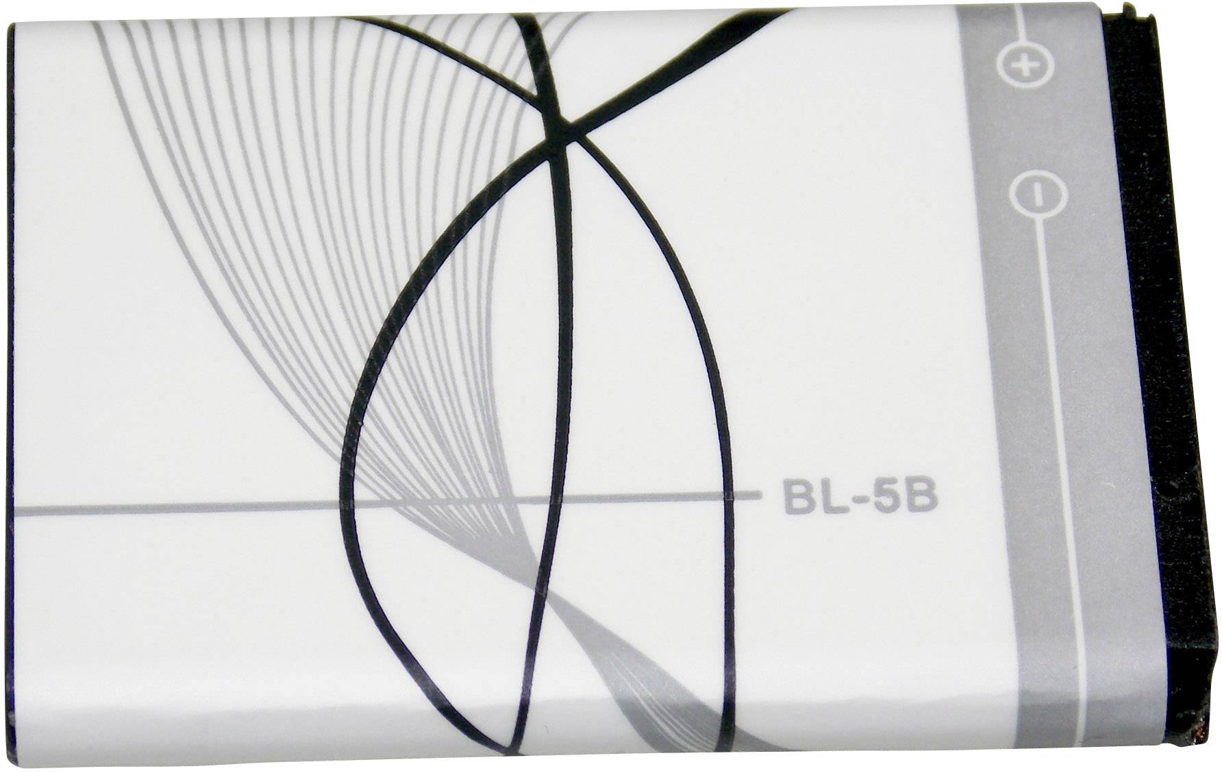 A rectangular, white battery with grey and black line patterns, plus and minus symbols on top, model number 'BL-5B' on the side.