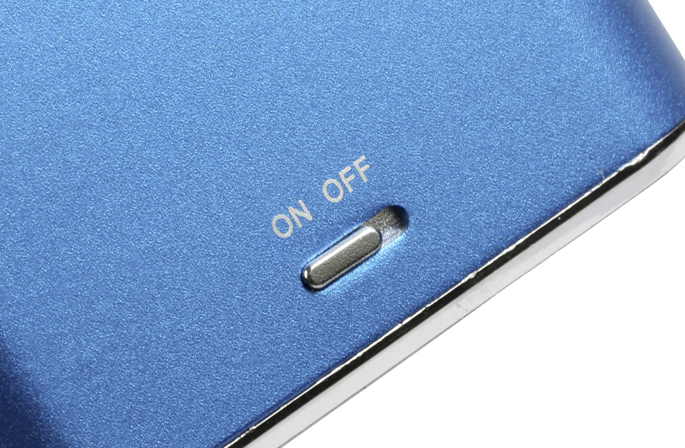Blue housing edge of a device with a silver 'ON/OFF' switch, in the 'ON' position.