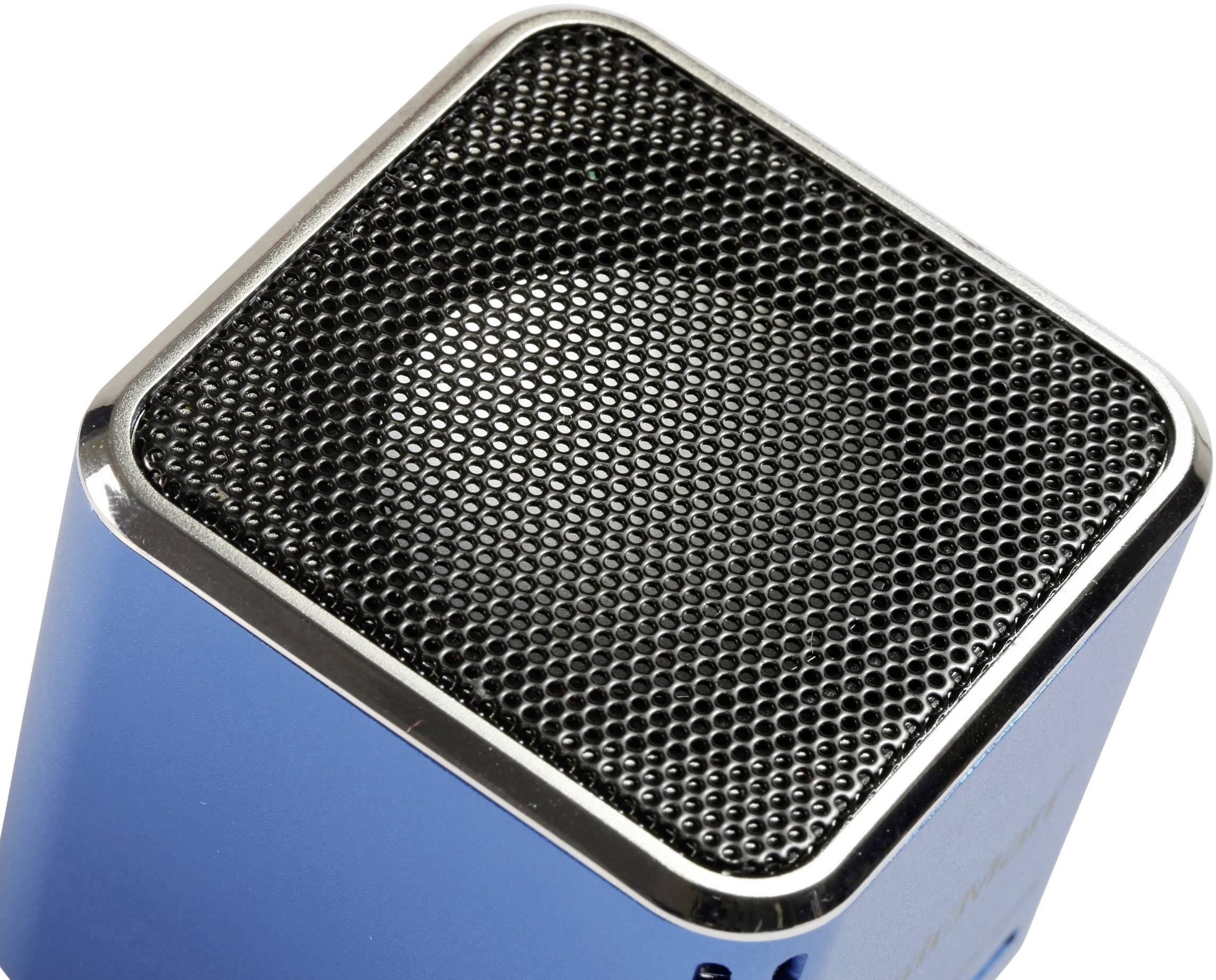 A square, blue portable speaker with a black mesh grille, depicted from an angled overhead perspective.