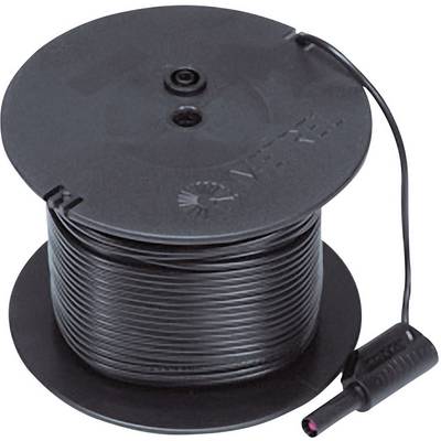 A black cable reel with wound cable and plug, suitable for use in electronic devices or installations.