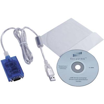 USB to Serial Converter Cable with Blue Casing and Installation CD. Includes drivers and instructions for connection and use.
