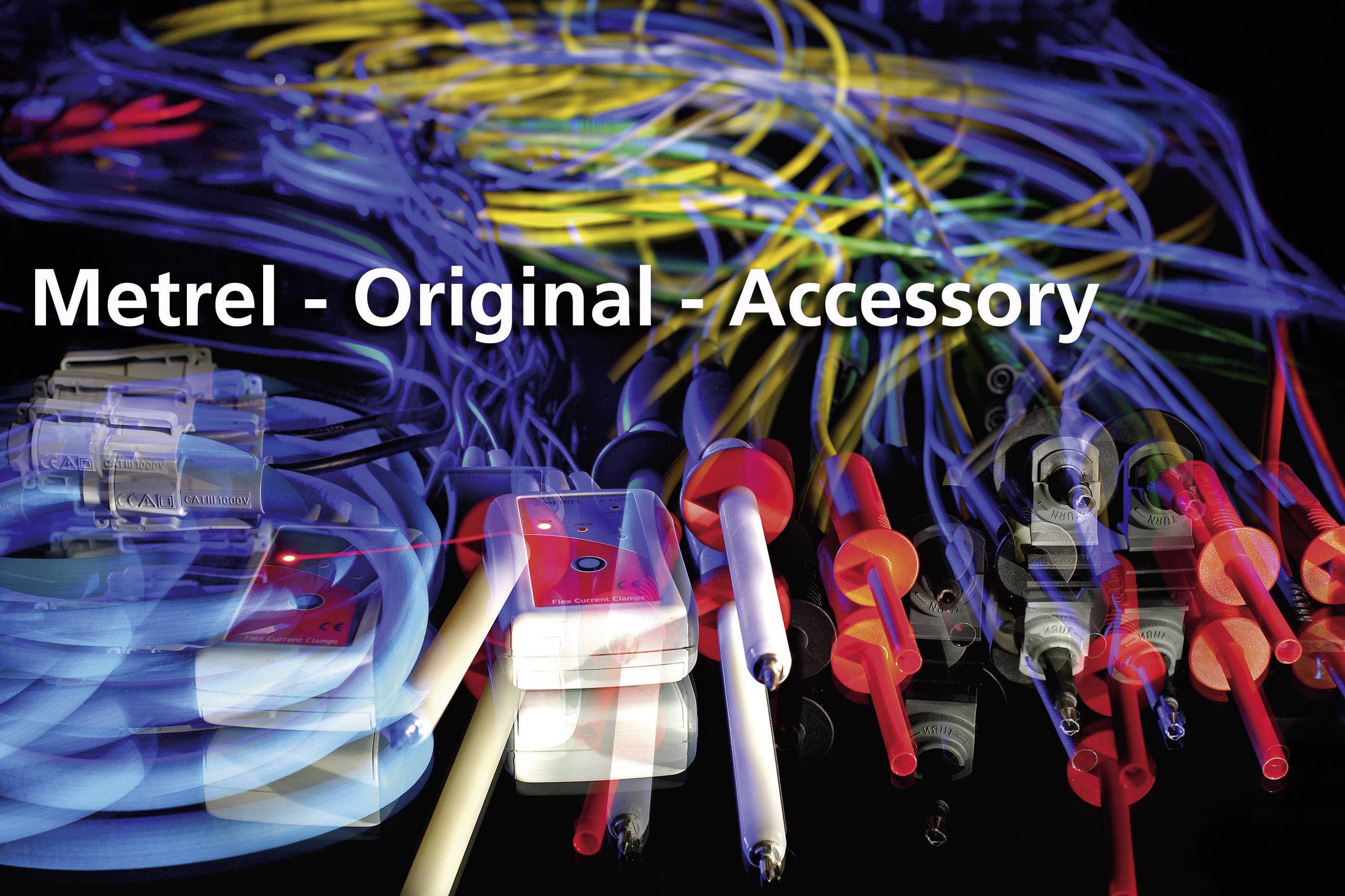 A variety of colourful electrical cables with different test probes and plugs demonstrates the diversity of Metrel accessories.