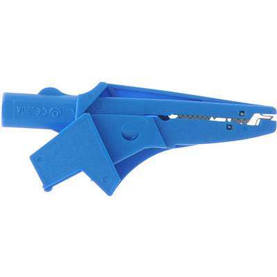 A blue cable stripping tool with a lever mechanism and a cutting aperture at the tip.