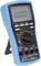 Multimeter with blue rubber protection, showing zero on digital display. Rotary switch for selecting measurement functions, various measurement sockets.