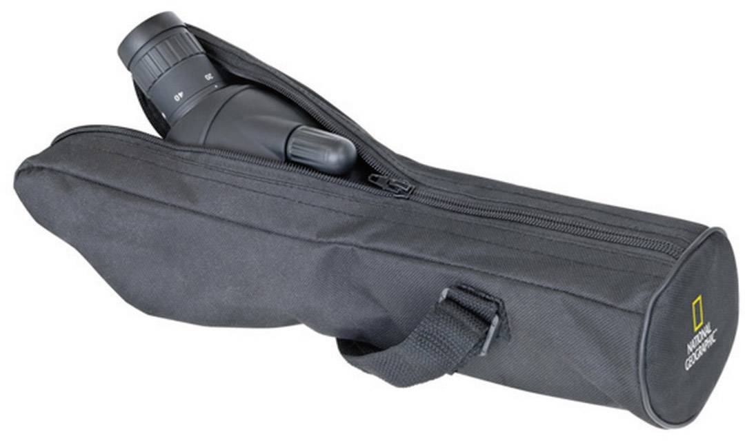 A pair of binoculars in a black zipped bag with a shoulder strap. The National Geographic logo is on the side.
