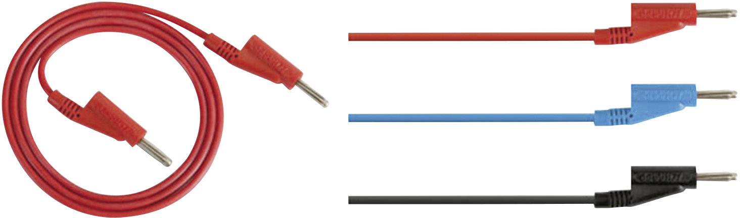 Red, blue and black test leads. A red lead is coiled, the others are extended.