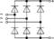 Circuit diagram of a three-phase rectifier with six diodes, converting three alternating current lines into direct current.