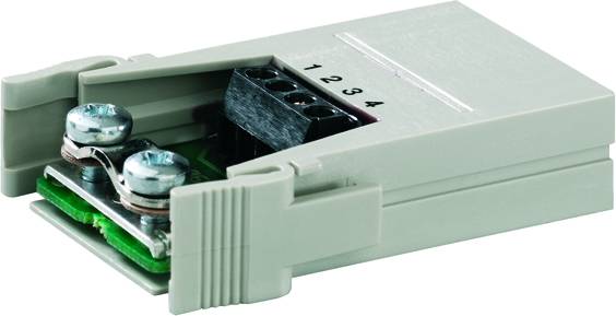 A rectangular, grey connection module with visible screw terminals, labelled with the numbers '1 2 3 4'.