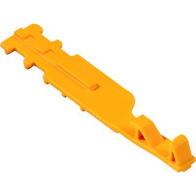 A rectangular, orange plastic clip with multiple indentations and contours, presumably designed as a mounting or fastening device.