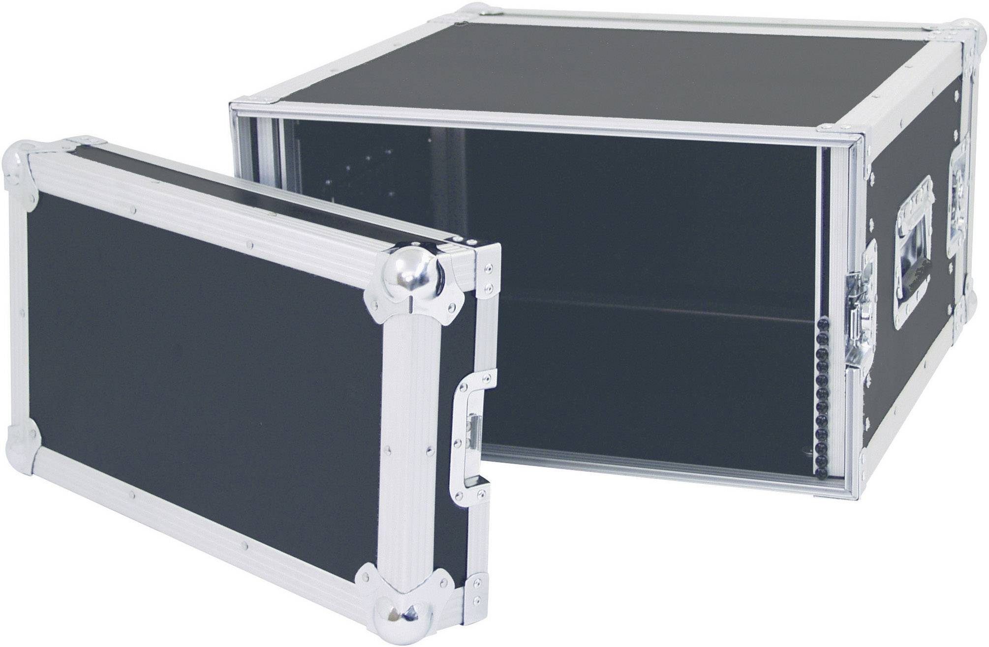 Black, open metal flightcase suitable for safely transporting equipment. The front panel is removed and placed to the side.