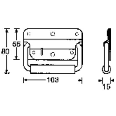 Technical Drawing of a Metal Handle with Dimensions: Height 80 mm, Width 65 mm, Depth 15 mm, Length 103 mm. Front and side view.