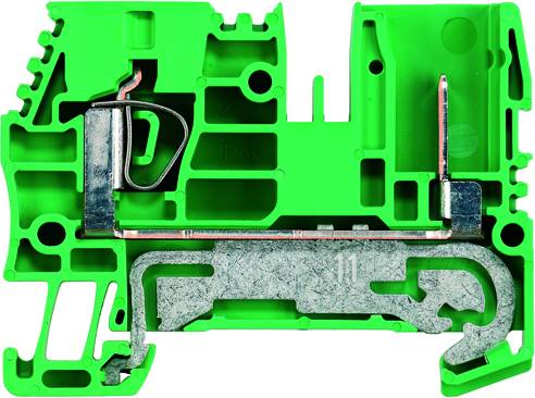 Green terminal block with metallic connections, suitable for electrical circuits.