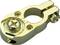 Golden battery terminal with a star-shaped screw, protruding contact, and fastening mechanism. Used for secure electrical connections.