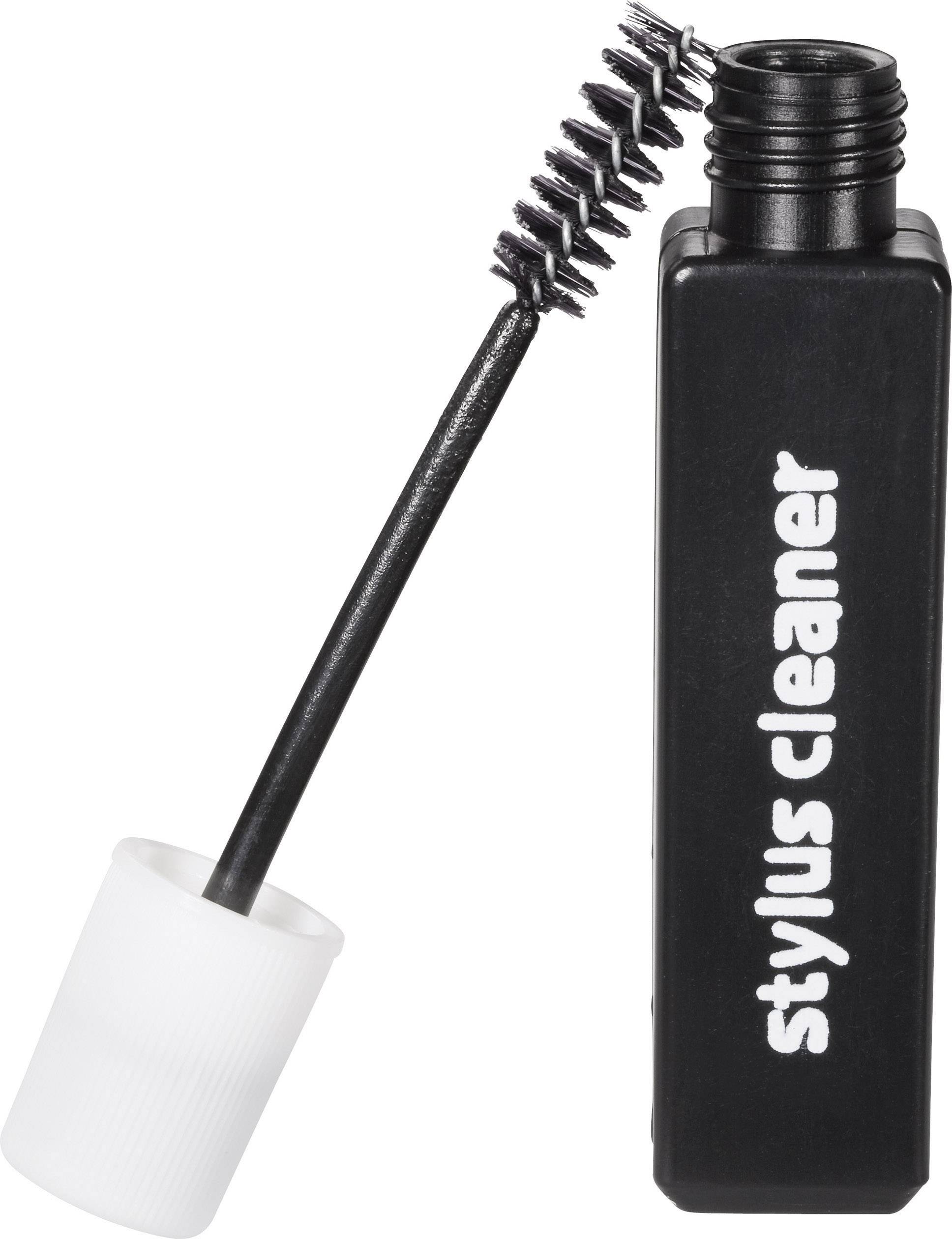 Stylus cleaner in a black bottle with a removable white lid and black brush for cleaning record stylus.