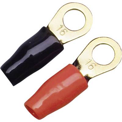 Two cable shoes: One is red, the other black. Both have an eyelet marked '16'. They are for electrical connection.