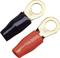 Two cable shoes: One is red, the other black. Both have an eyelet marked '16'. They are for electrical connection.