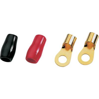 Two black and red heat-shrink tubes next to two gold-coloured ring cable lugs, used for electrical connections.