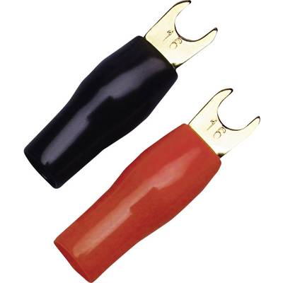 Black and red cable shoes with fork terminals. Used for cable connections.