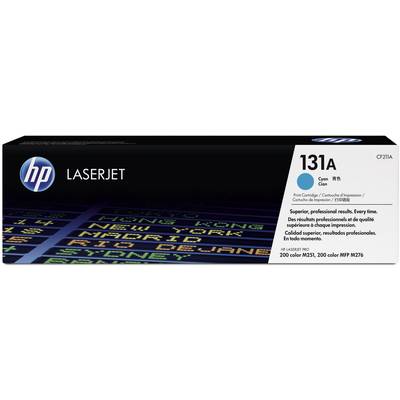 A HP LaserJet printer cartridge 131A in Cyan. The packaging displays text in multiple languages about performance and suitability for HP M276.