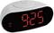 Digital alarm clock with a red LED display showing the time as 9:25. On the left, the 'DST' indicator for daylight saving time is visible.