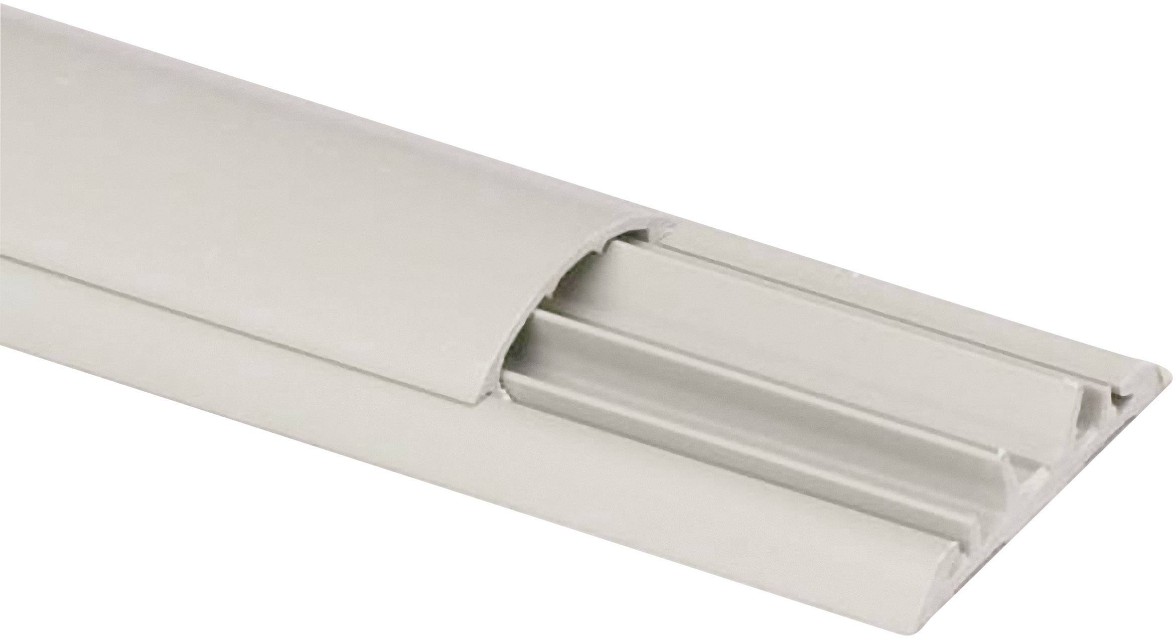 Plastic cable trunking, light grey, with removable lid, for organising and protecting cables in offices or living spaces.