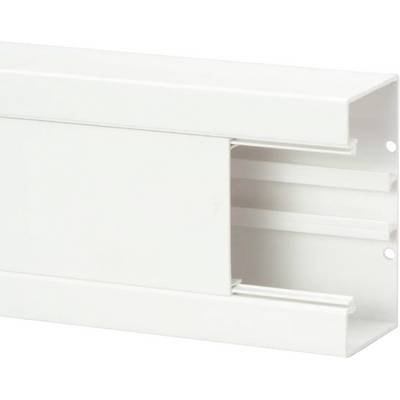 A white plastic cable trunking with a sliding cover for organising and concealing cables.