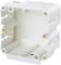 White, square plastic flush-mounting box with multiple screw positions and openings for cable entry.