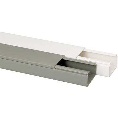 Two cable channels, one white and one grey, lie side by side. The white one is open and reveals its internal structure.