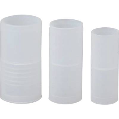 Three differently sized, transparent plastic cylinders stand upright next to each other on a white surface.