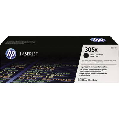 HP LaserJet 305X printer cartridge in black. Packaging displays a list of city names. Contains text about outstanding print quality.