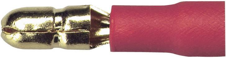 Close-up of a gold-coloured banana plug with red insulation.