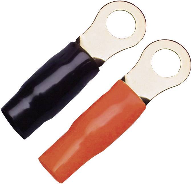 A black and a red cable lug with metal eyelets for connecting electrical cables. They are positioned side by side.