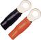Two isolated cable lugs with ring terminals, one black and one red, for electrical connections.