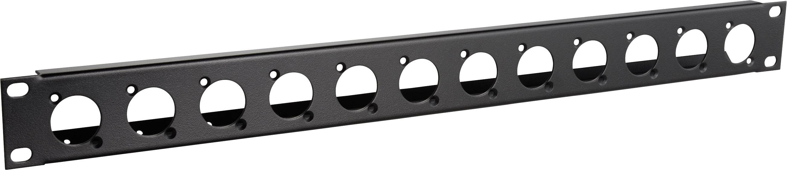 A black metal patch panel with ten round openings for network connections, designed for mounting in a server rack.