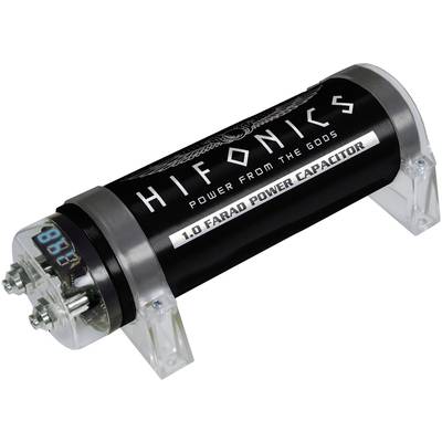 A cylindrical car audio capacitor with the inscription 'HIFONICS Power from the Gods', with a 1.0 Farad capacity, in a black design.