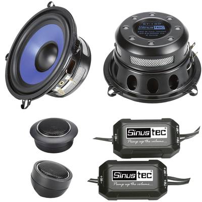 Loudspeaker set with blue cone, two tweeters and two crossovers with 'Sinustec' logo. Suitable for car sound systems.