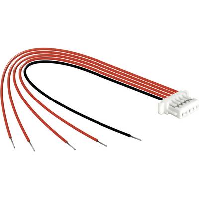 'A red and black cable harness with a white connector at the end. Suitable for electronic or power applications.'