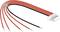'A red and black cable harness with a white connector at the end. Suitable for electronic or power applications.'