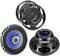 Car speaker set with three different configurations: built-in speakers, coaxial speakers, and subwoofer, all in black and blue.