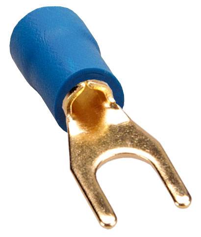 Blue insulated cable lug with gold-plated fork terminal for electrical connections.