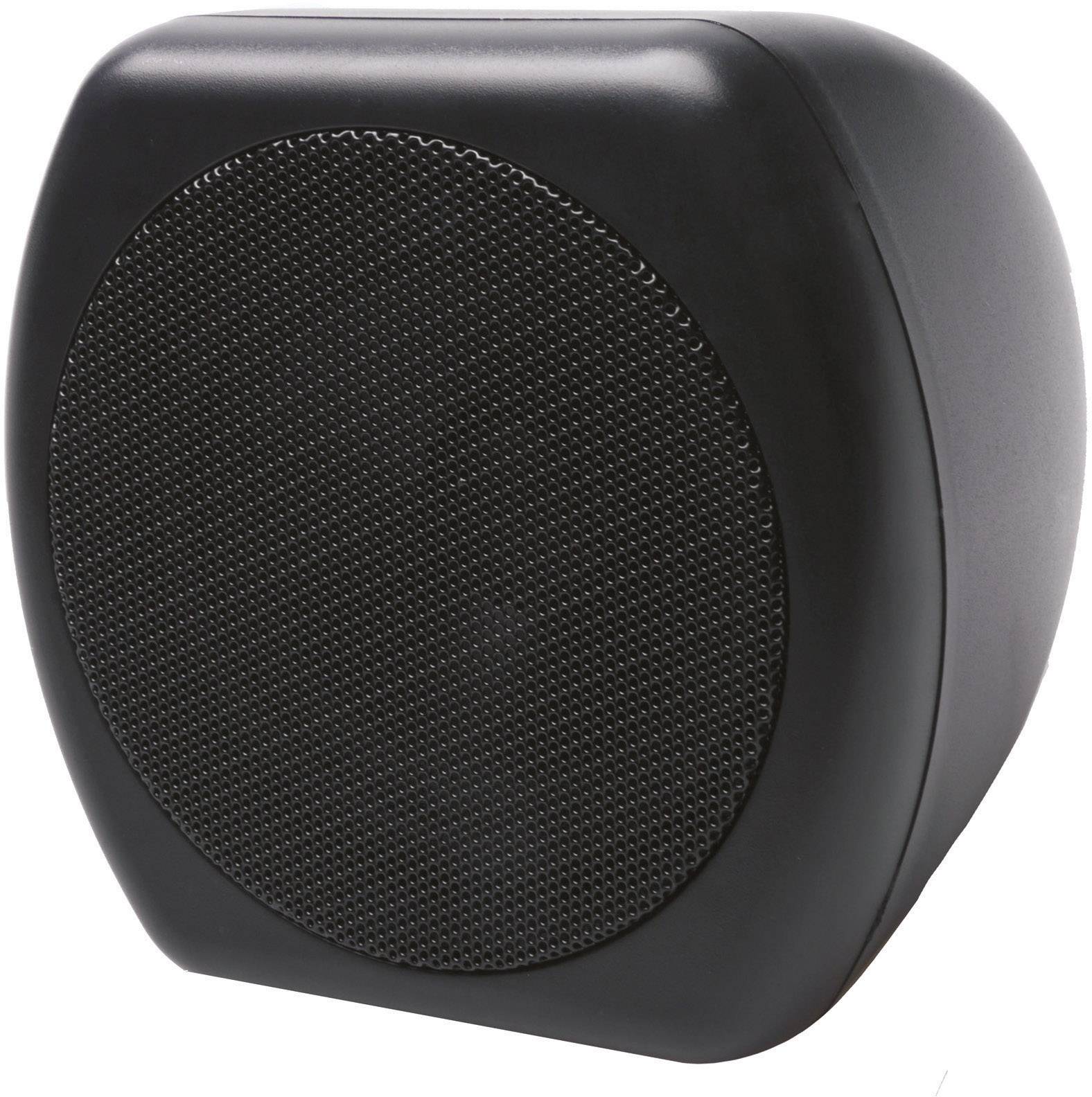 A black, rectangular speaker with rounded edges and a textured grille cover.