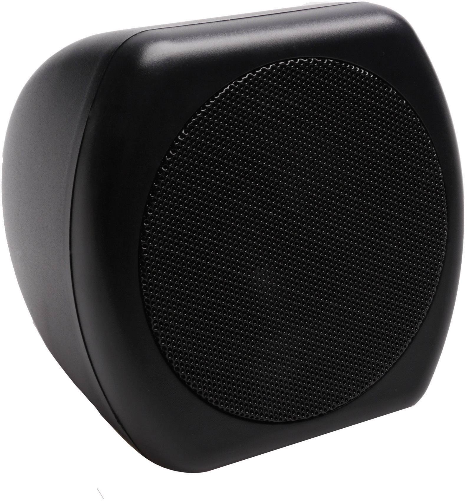 Small, black speaker with rounded corners, standing freely against a white background.