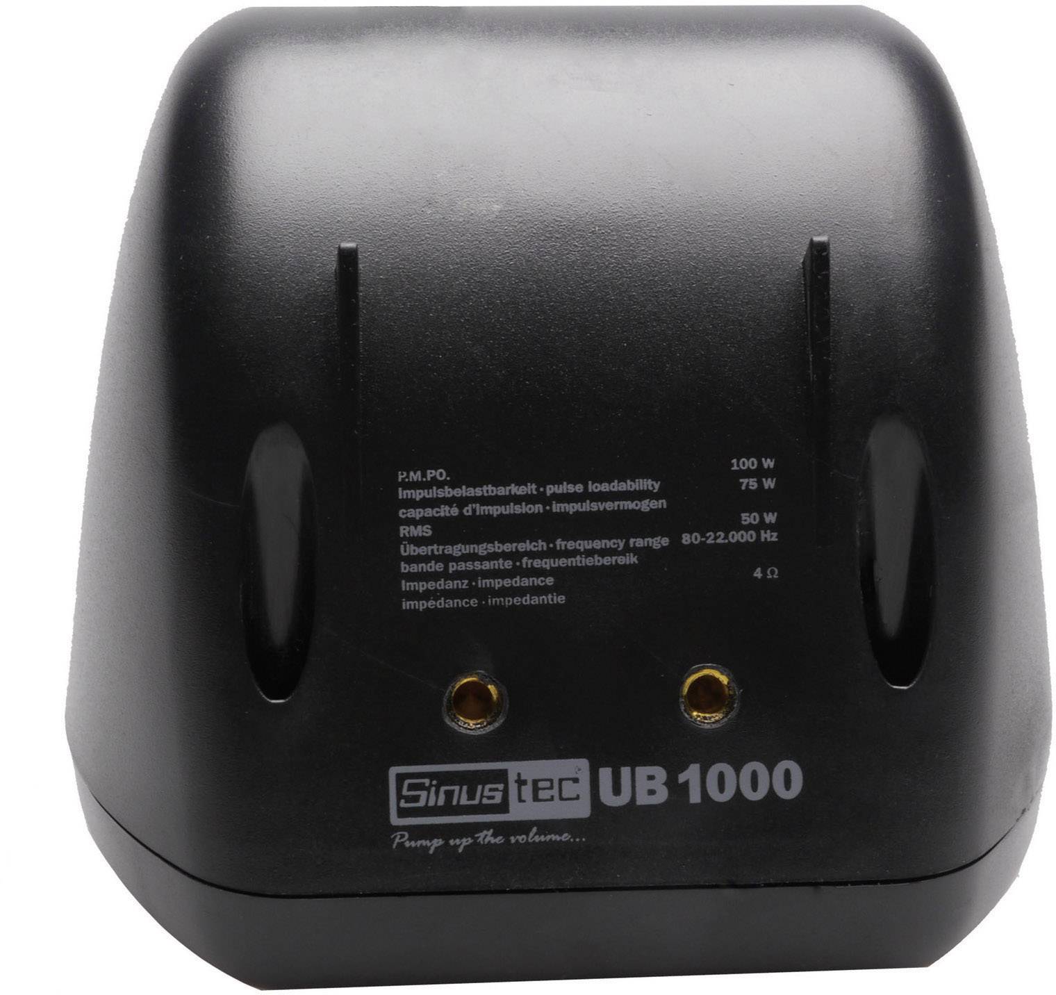 Black Sinus tec UB 1000 loudspeaker with connection sockets and technical specifications on the front panel.