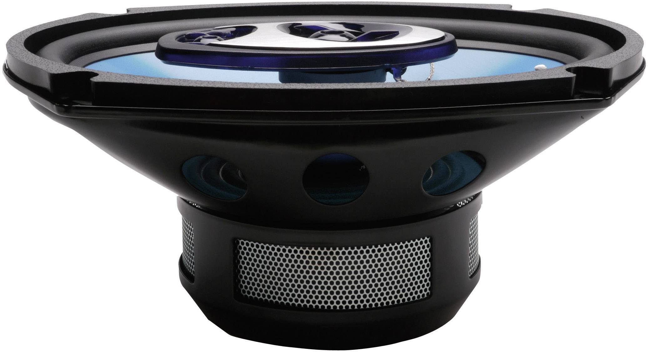 Black car loudspeaker with blue membrane and silver grille, concentric grooves and oval design, side view.