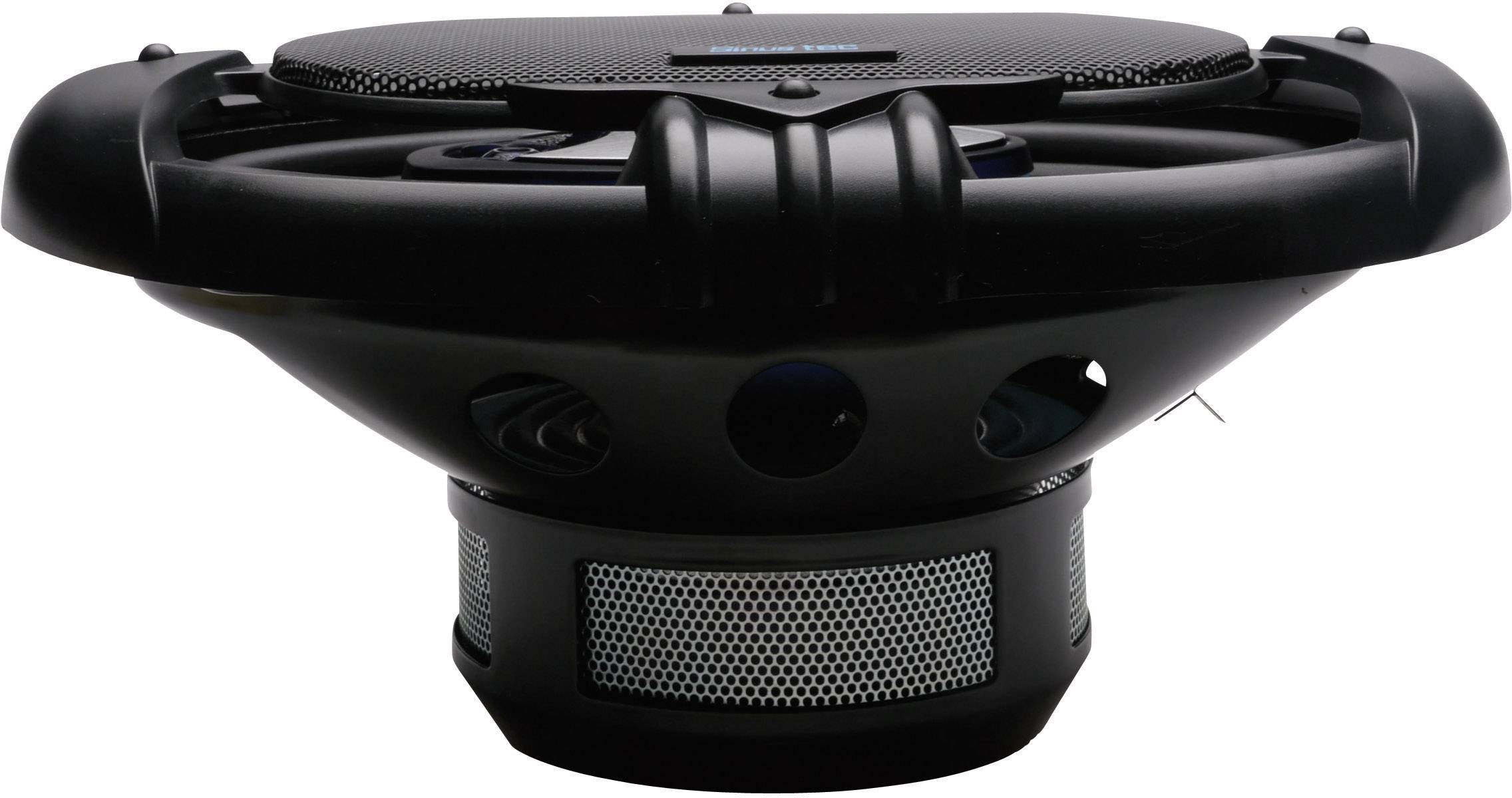 A black speaker with a round grille and multiple openings, suitable for use in audio systems or cars.
