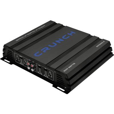 Black Crunch amplifier, Ground Pounder GP2500.2 model, shows inputs and controls. Text: '500 Watts'.