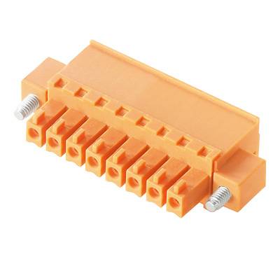 An orange electrical connector with multiple pins and two screws on the sides for secure fastening.