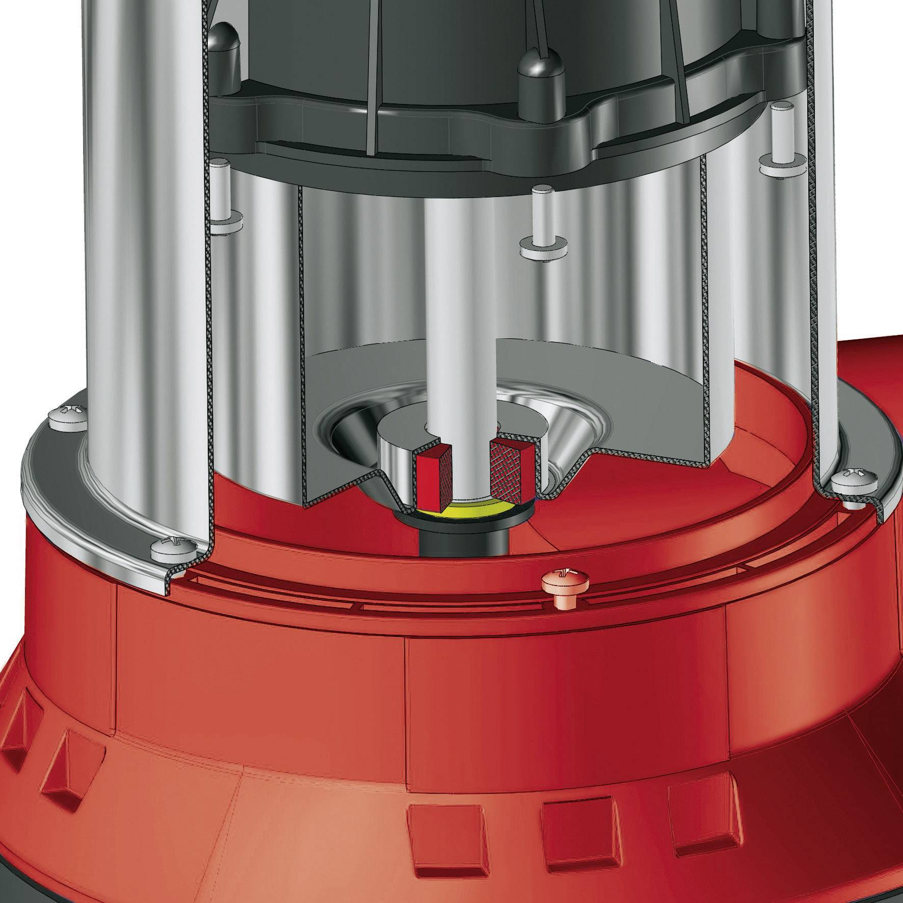 Industrial component in red and grey, showing a mechanical structure with metal cylinders and a central rod.